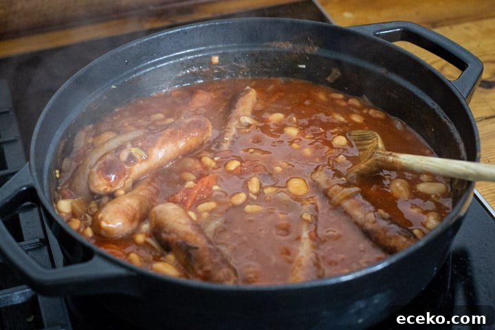 Cowboy Stew Recipes: Campfire, Stovetop, Oven & Slow Cooker Methods 10 a black cast iron pan of cowboy stew simmering on the stove