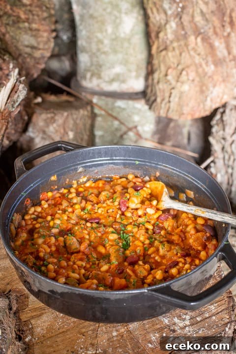 Cowboy Stew Recipes: Campfire, Stovetop, Oven & Slow Cooker Methods 13 Large pan with handles sat on a wooden log containing cowboy stew recipe and a wooden spoon