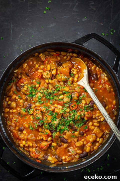 Cowboy Stew Recipes: Campfire, Stovetop, Oven & Slow Cooker Methods 14 Pan of cowboy stew with wooden spoon on a black background