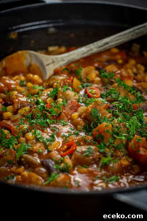 Cowboy Stew Recipes: Campfire, Stovetop, Oven & Slow Cooker Methods 16 Cowboy stew in a pan with a wooden spoon