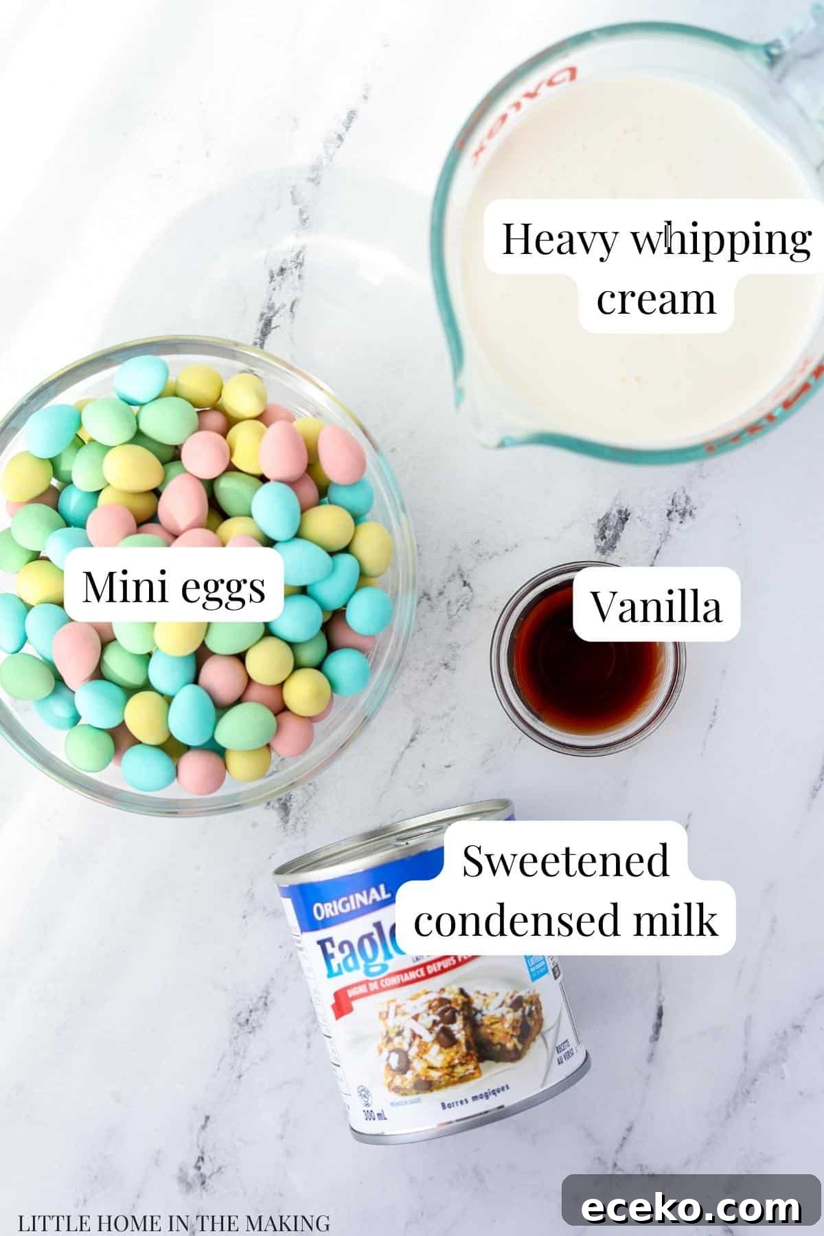 The ingredients needed to make homemade Easter ice cream: mini eggs, heavy cream, sweetened condensed milk, and vanilla.
