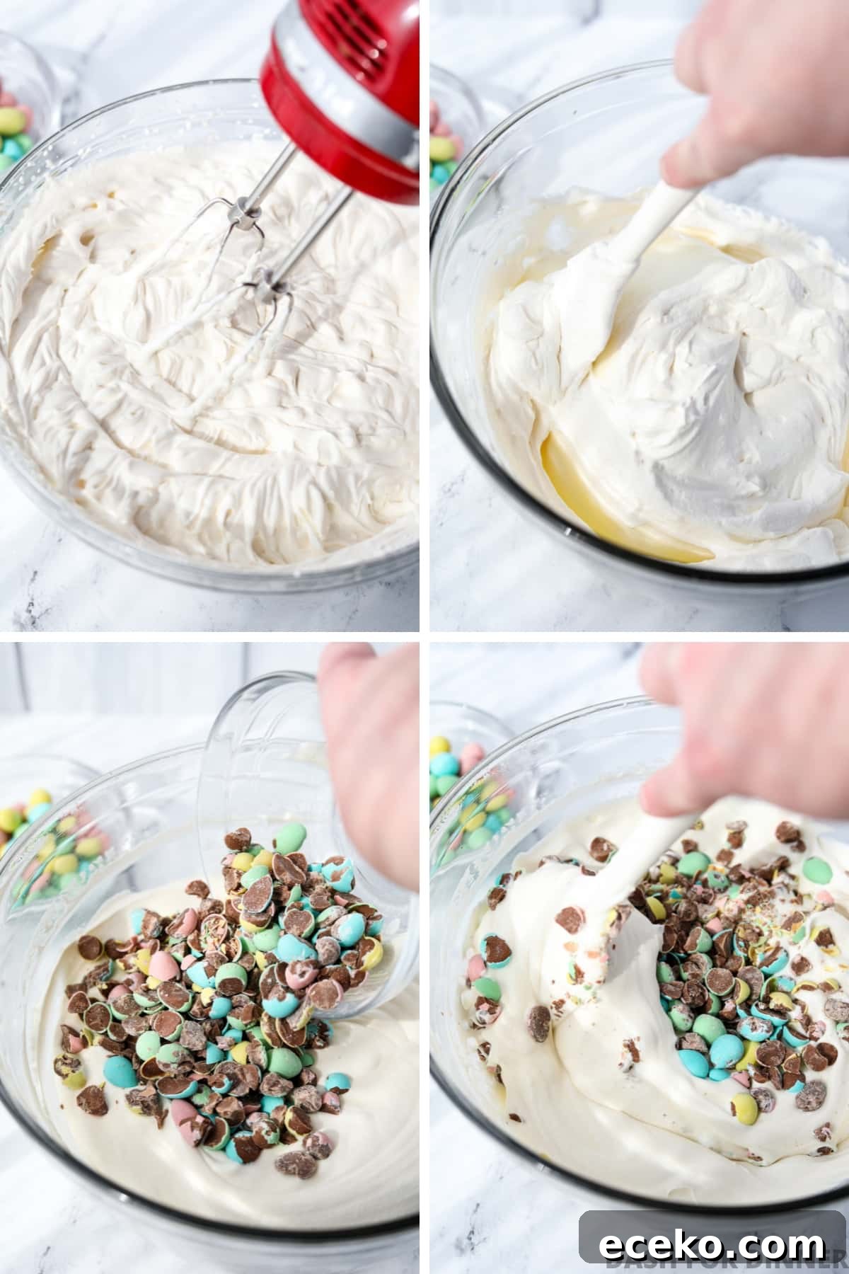 Whipping cream and adding crushed mini eggs to it.