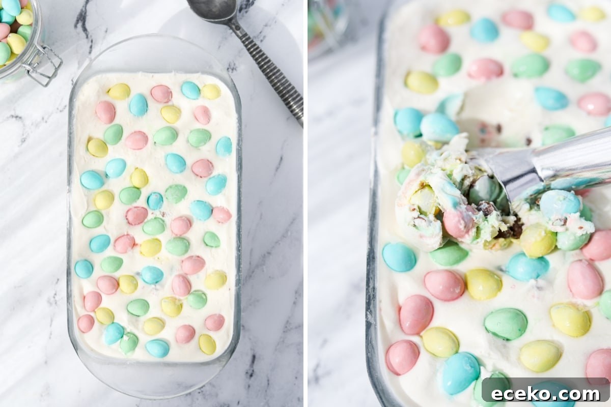 Homemade ice cream in a loaf pan topped with mini eggs.