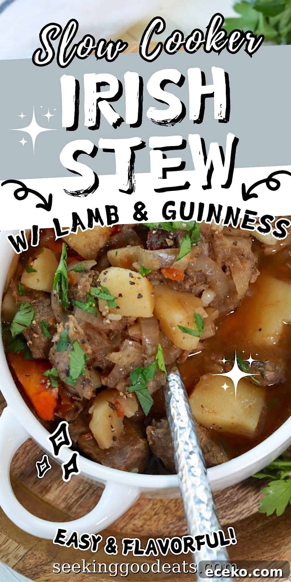 Slow Cooker Irish Lamb Stew Recipe 4 A white bowl of slow cooked Irish Stew.