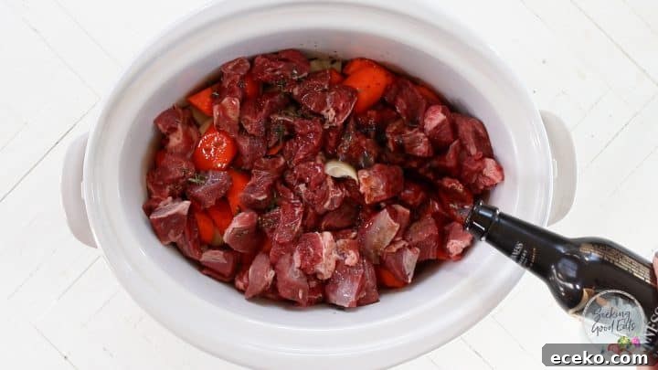 Slow Cooker Irish Lamb Stew Recipe 5 Adding the Guinness beer to the irish stew before slow cooking.