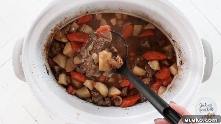 Slow Cooker Irish Lamb Stew Recipe 7 Serving a ladle full of irish stew.