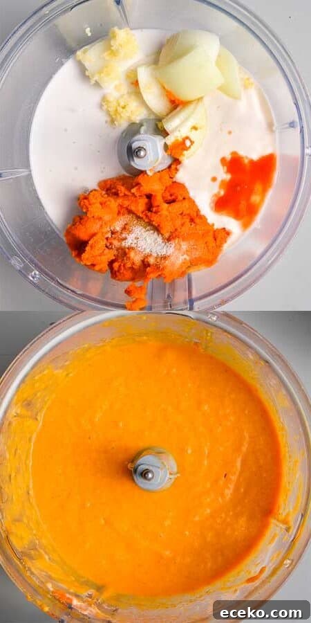 20-Minute Creamy Vegan Pumpkin Pasta Recipe 4 A blender with cream and onion and pumpkin puree on the left and orange puree on the right