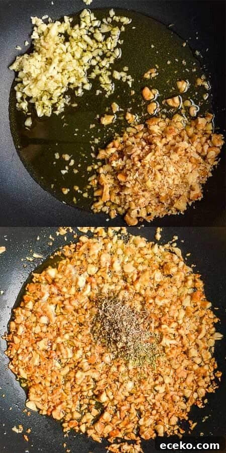 20-Minute Creamy Vegan Pumpkin Pasta Recipe 5 A black pan with oil and garlic and walnuts on the left, mixed together tosted and topped with dried herbs on the right
