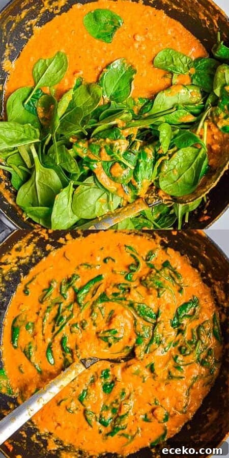 20-Minute Creamy Vegan Pumpkin Pasta Recipe 6 A pan with orange sauce and baby spinach leaves on the left, and with the leaves mixed in and wilted on the right