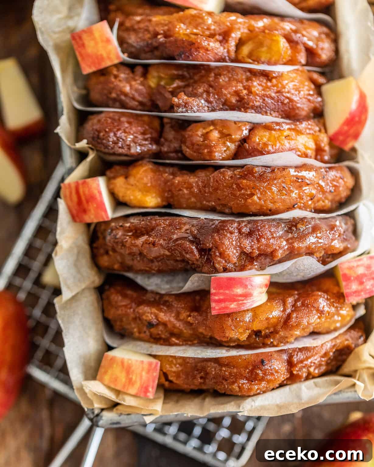 Up close overhead photo of apple pear fritters