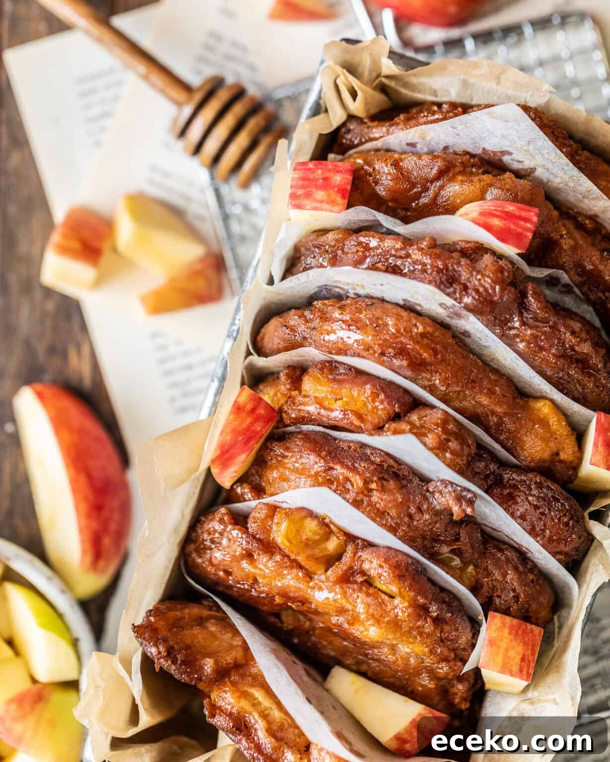 overhead photo of apple pear fritters in a loaf pan