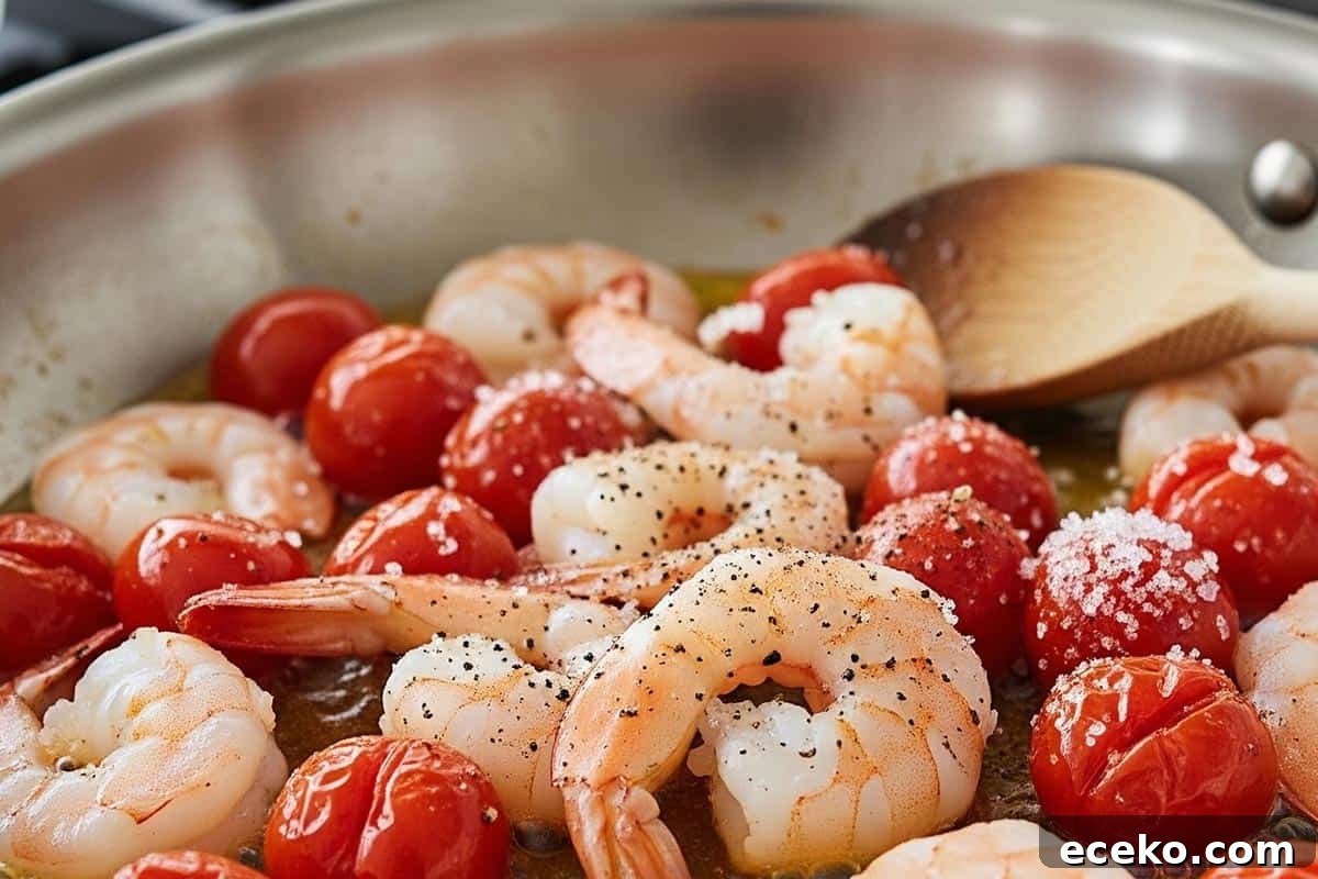 Shrimp and tomatoes, seasoned with salt and pepper in a skillet.