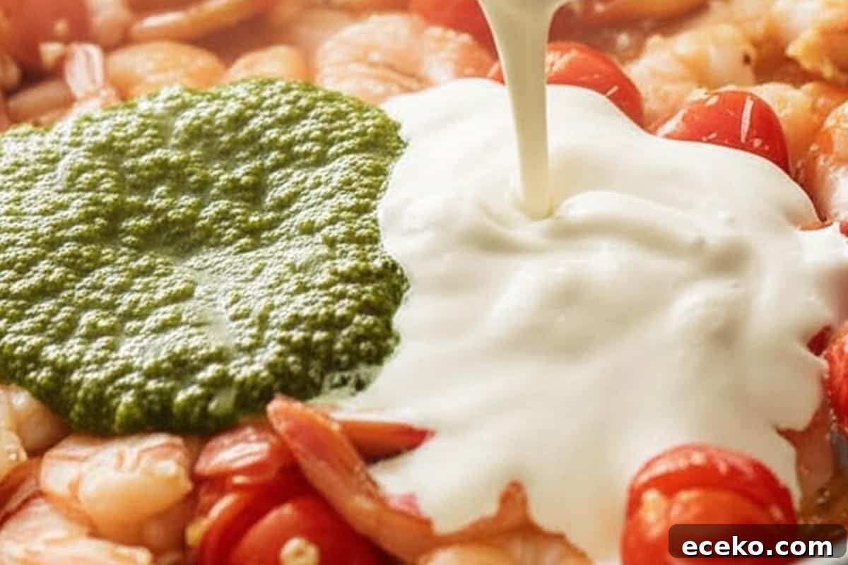 Added pesto, half and half, and half of the parmesan cheese.