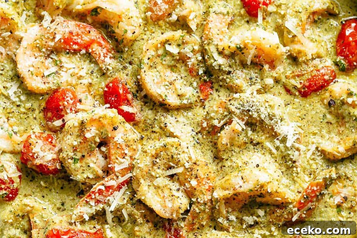 Close-up shot of Pesto Alfredo Shrimp.