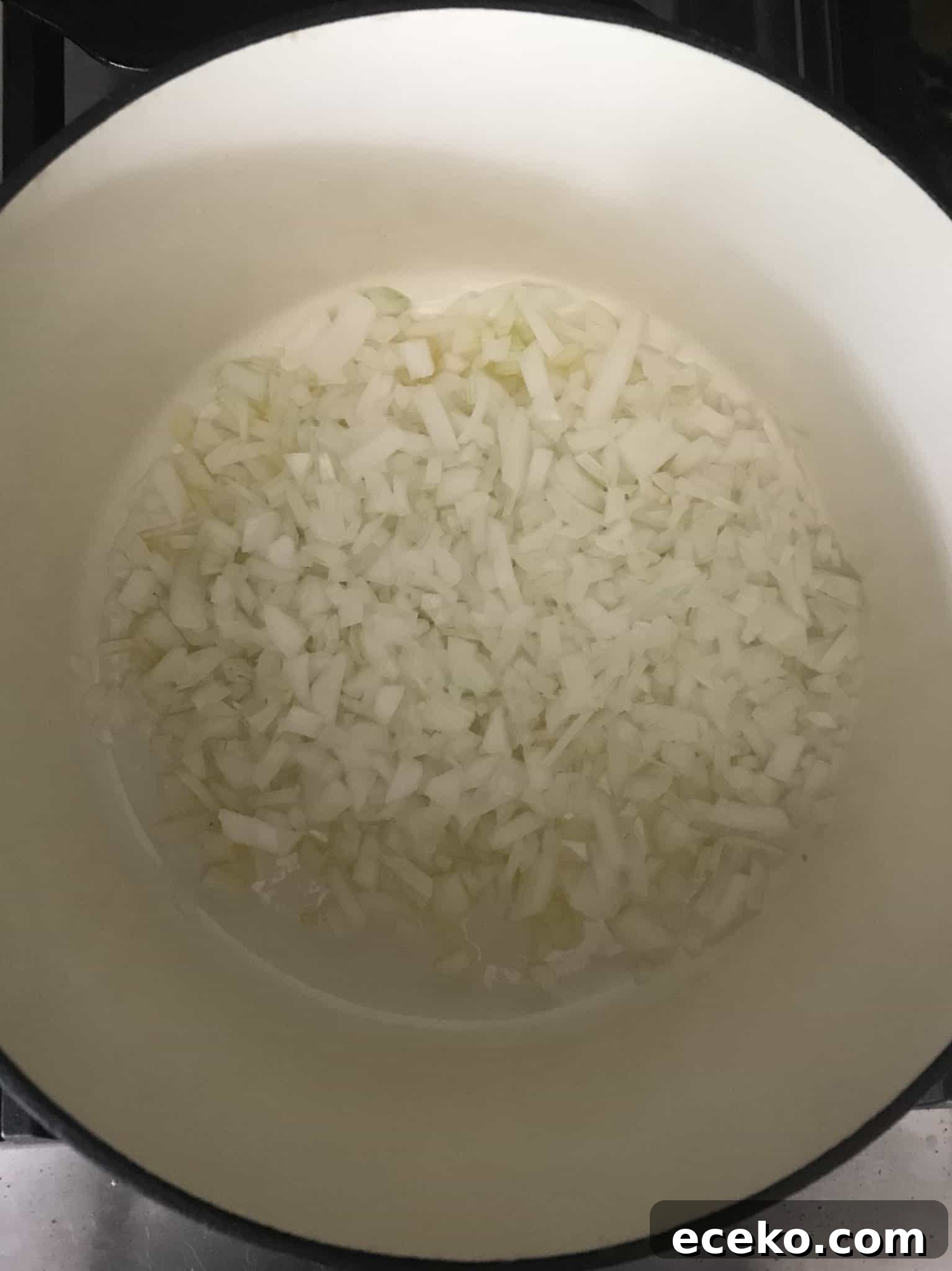 Onion sautéing overhead shot 
