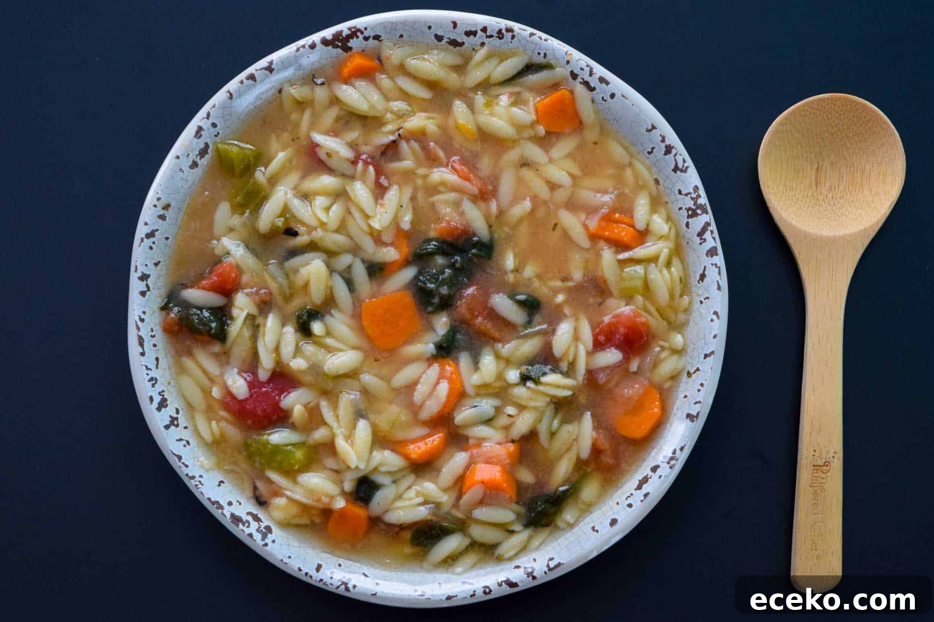 Italian Orzo Soup served in rustic bowl with wooden spoon overhead shot