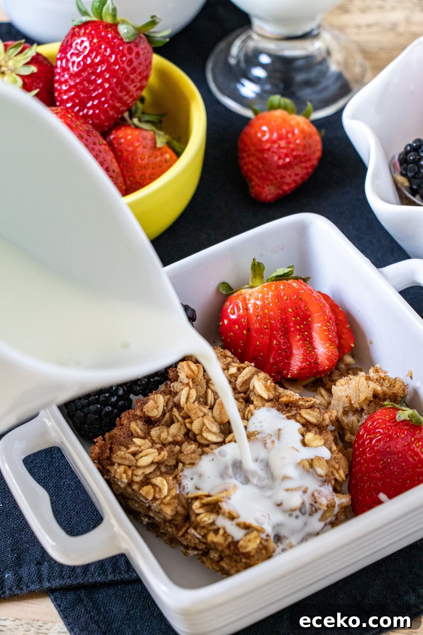 A tried and tested family favorite that can easily be doubled. The oatmeal taste is enhanced with cinnamon and other spices and when eaten with raisins or crunchy peanut butter, it's like heaven in a bowl! Baked oatmeal in a dish