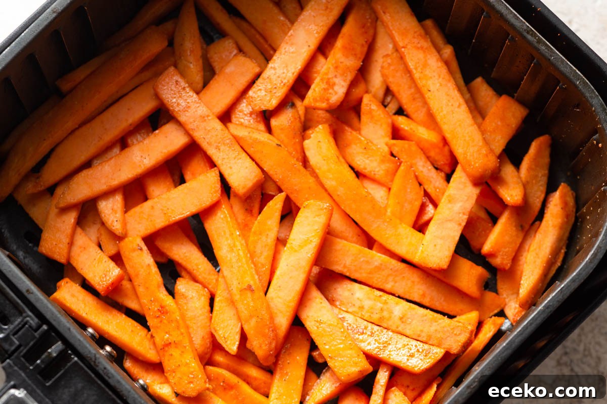 Crispy Frozen Sweet Potato Fries in the Air Fryer 6 frozen sweet potato fries in the air fryer basket.
