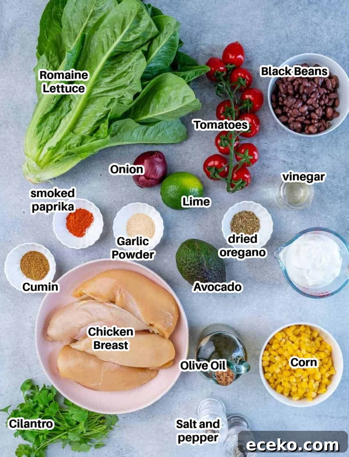 Ingredients to make grilled Mexican chicken salad.