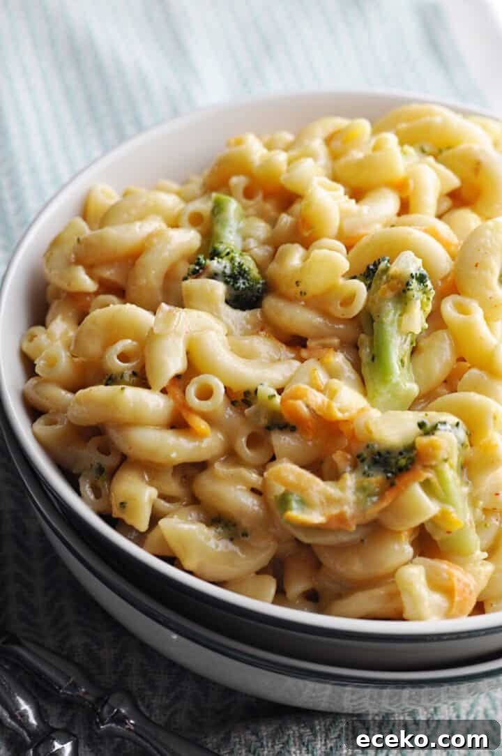 Creamy broccoli mac and cheese in bowl