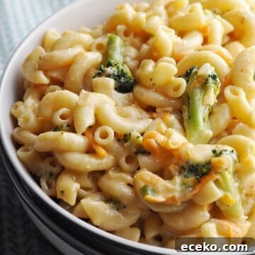 Creamy broccoli mac and cheese in bowl