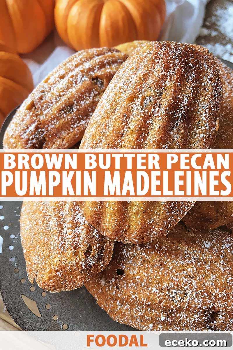 Vertical image of stacked madeleines on a plate with orange and white text.