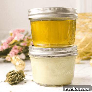 Two mason jars of cannabis coconut oil, one liquid, one solid.