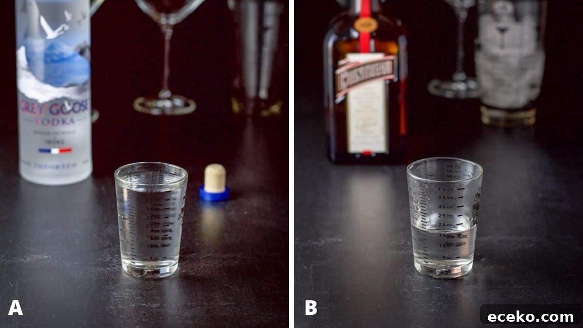 Vodka and Cointreau measured out with the bottles in the background
