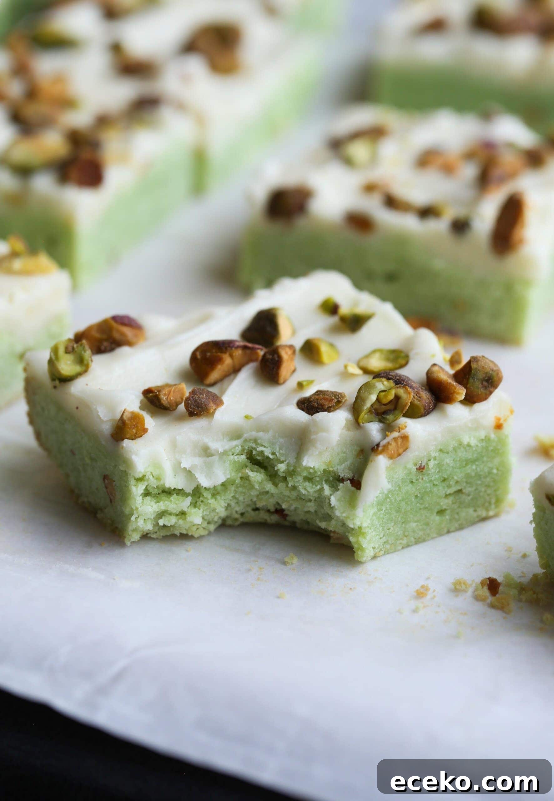 Pistachio Cookie Bar with a bite taken out