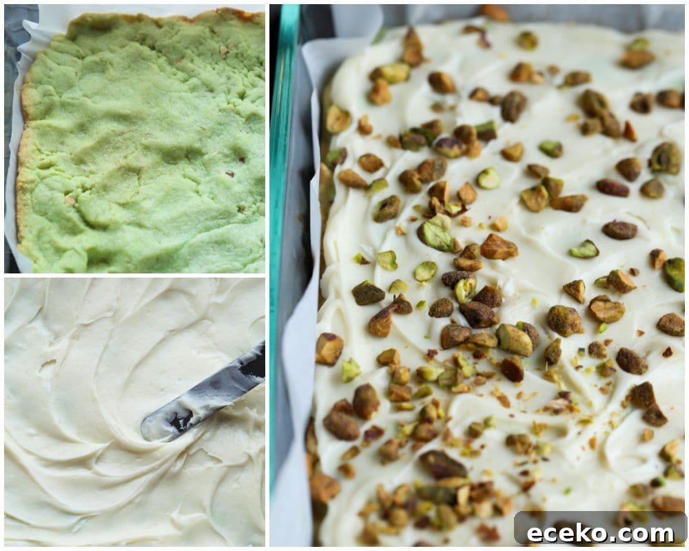 Collage image showing the process of making cookie bars flavored with pistachio pudding