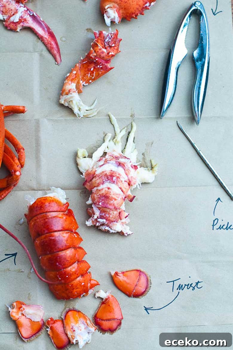 cooking live lobster and how to eat a whole lobster — pieces of lobster on a paper bag, with lobster crackers and a pick
