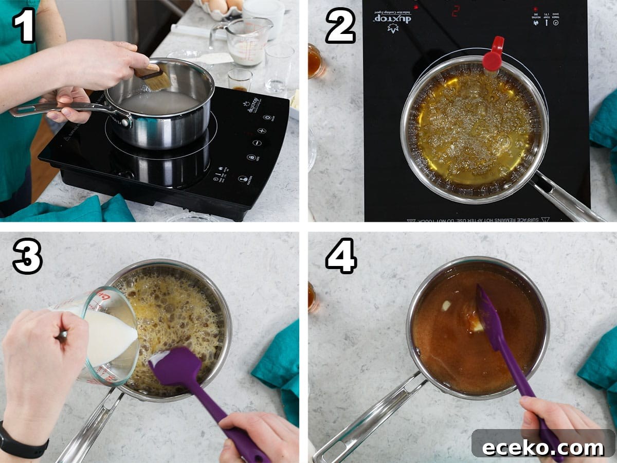 Collage of four photos showing caramel sauce being prepared on the stove.