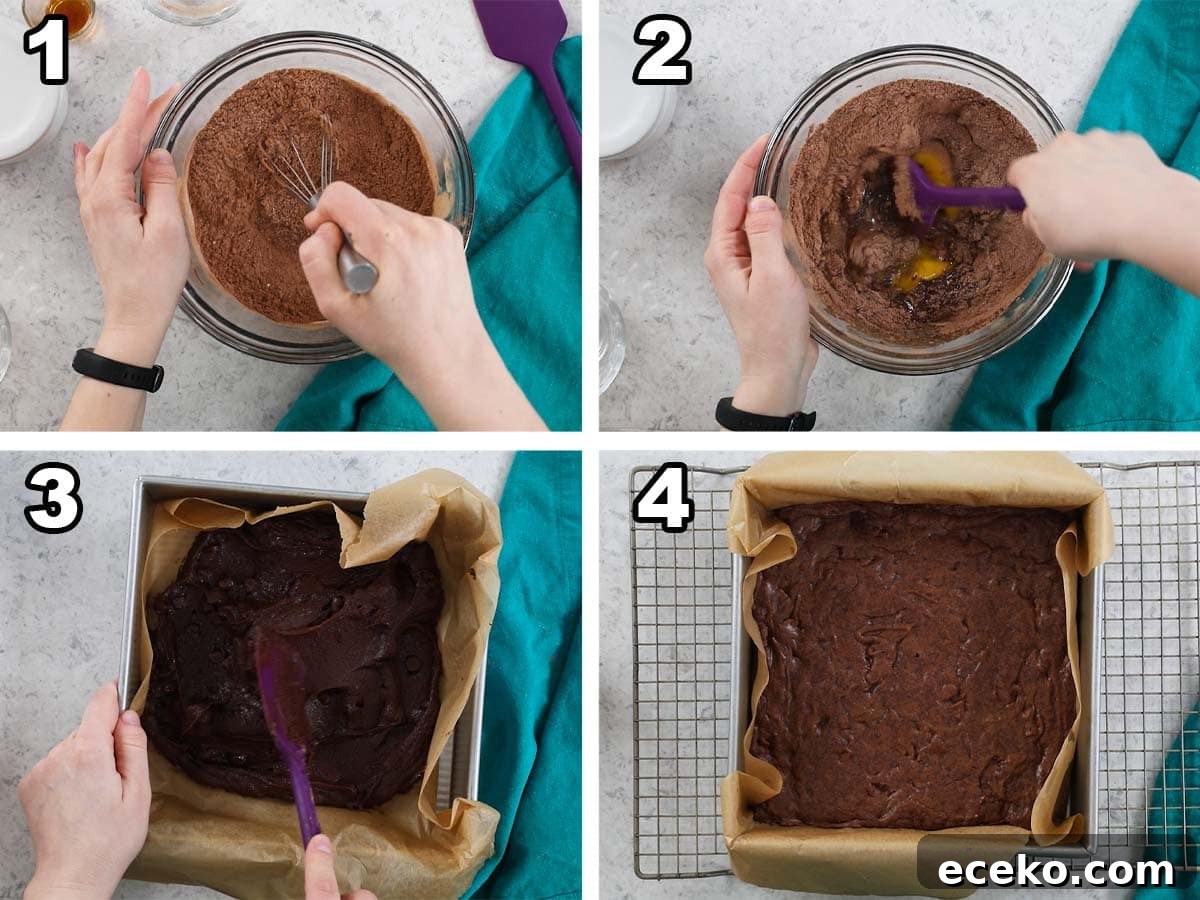 Collage of four photos showing brownie batter being prepared and baked in a square pan.