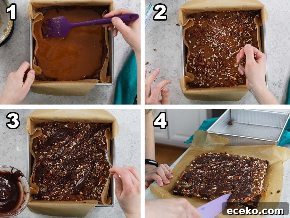 Four photos showing caramel, pecans, and chocolate being added to brownies.