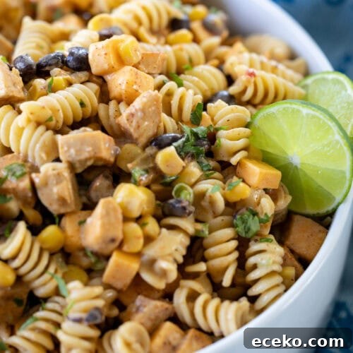 Southwest Chicken Pasta Salad with Creamy Lime Dressing in a bowl.