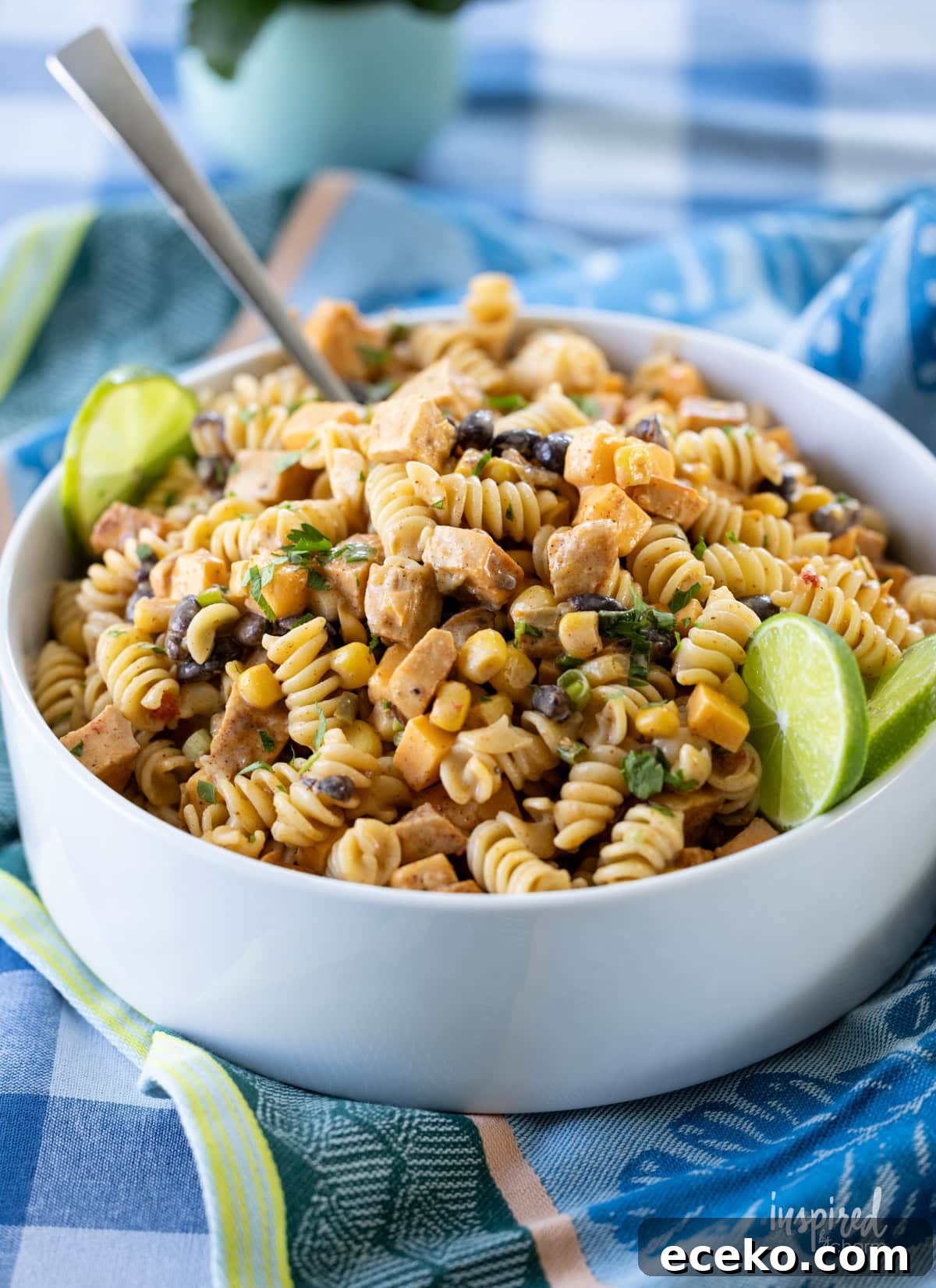 large bowl filled with Southwest Chicken Pasta Salad.