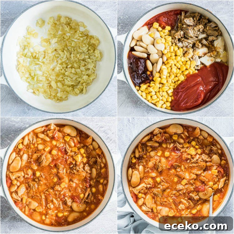 image collage showing the steps for making this easy brunswick stew recipe