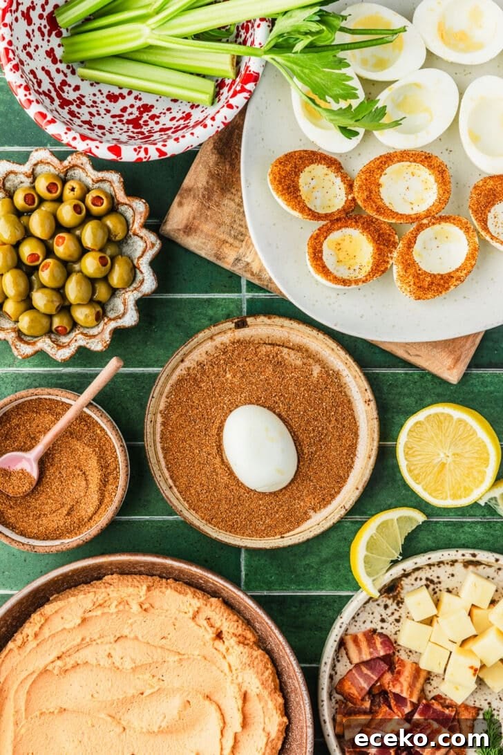 A hard boiled egg being dipped into a brown bowl of Bloody Mary mix on a green tiled counter next to a white platter of egg whites, a red and white speckled bowl of celery, and brown bowls of olives, bacon, egg yolk filling, and seasoning.