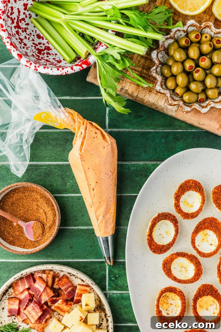 A piping bag of tomato egg filling on a green tiled counter next to a white platter of egg whites, a red and white bowl of celery, and brown bowls of bacon, olives, and Tajin.