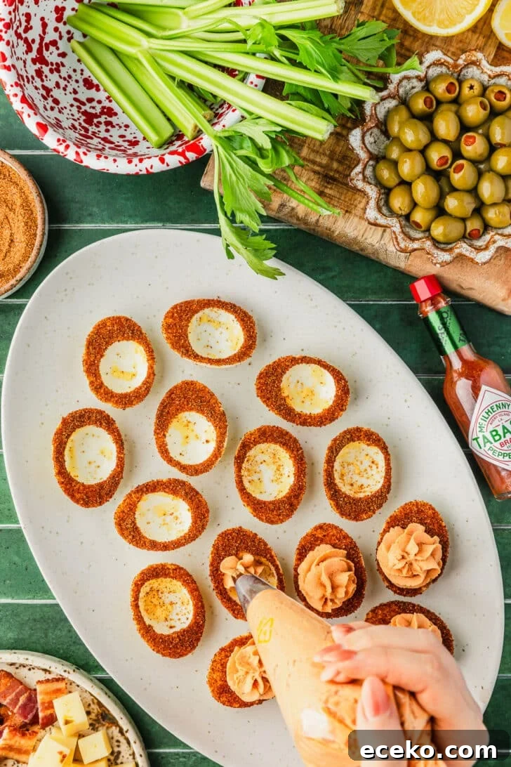 A hand using a piping bag to pipe Bloody Mary deviled eggs on a green counter next to a red and white bowl of celery, bottle of Tobasco sauce, and brown bowl of olives.