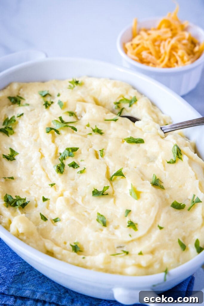 cheesy mashed potatoes in a baking dish topped with parsley