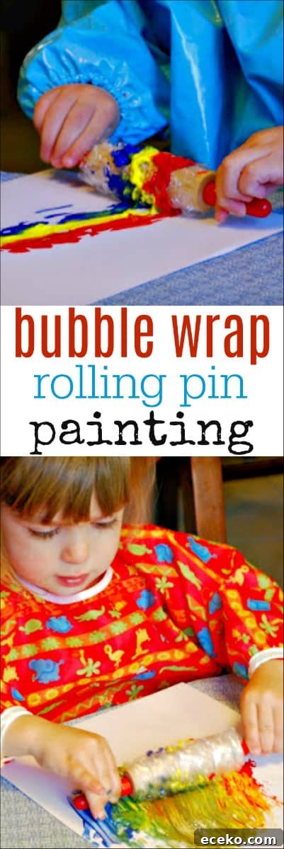 This Painting with Rolling Pins and Bubble Wrap activity is a great way to get kids to experiment with art and paint. Use common household items to create a fun kids activity. #kidsart #kidsactivity