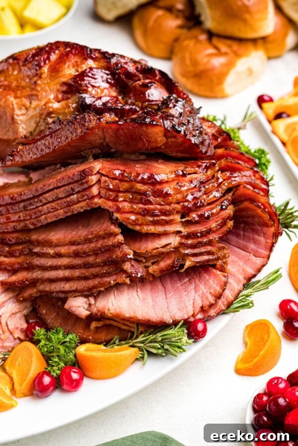 Golden juicy sliced ham on a white platter with cranberry and orange slices as a garnish.