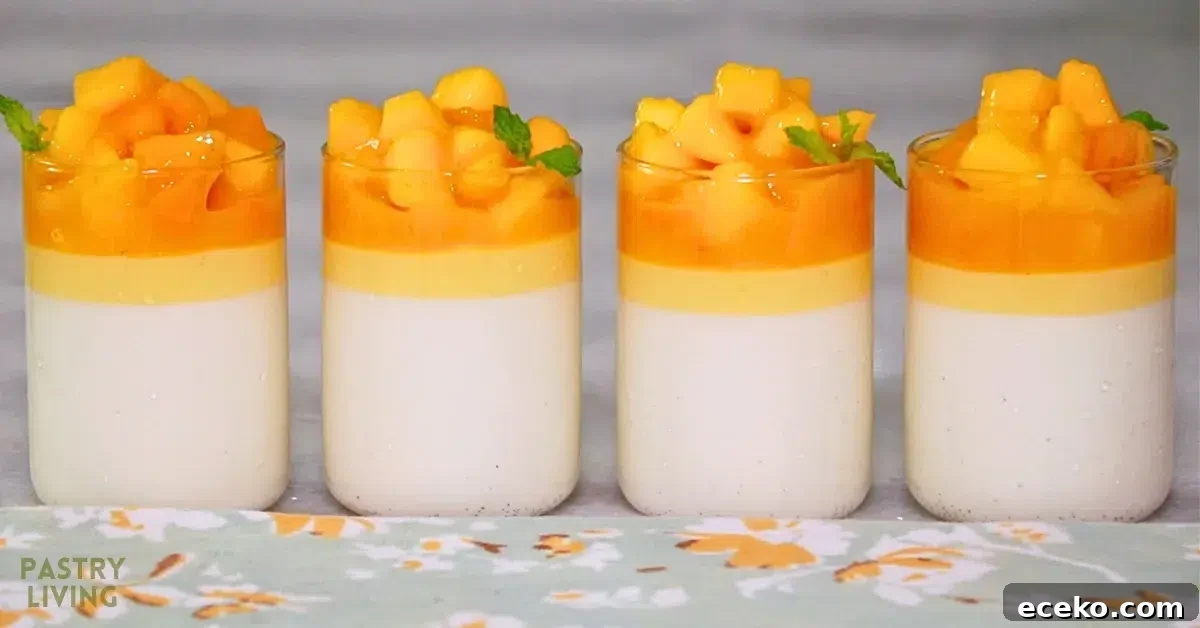 Smooth vanilla and mango panna cotta with melty mango topping in glasses