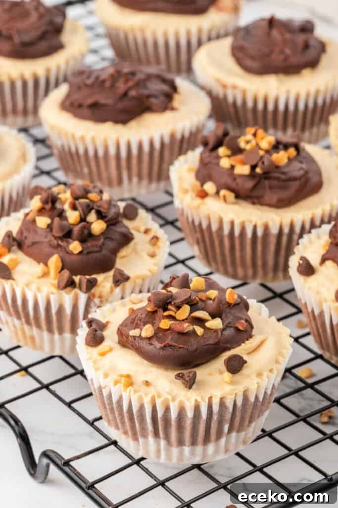Mini No-Bake Chocolate Peanut Butter Cheesecakes 6 Finished mini cheesecakes topped with chocolate ganache, chopped peanuts, and mini chocolate chips cooling on a wire rack.