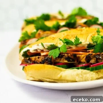 A side view of of a plate of grilled chicken banh mi sandwiches.