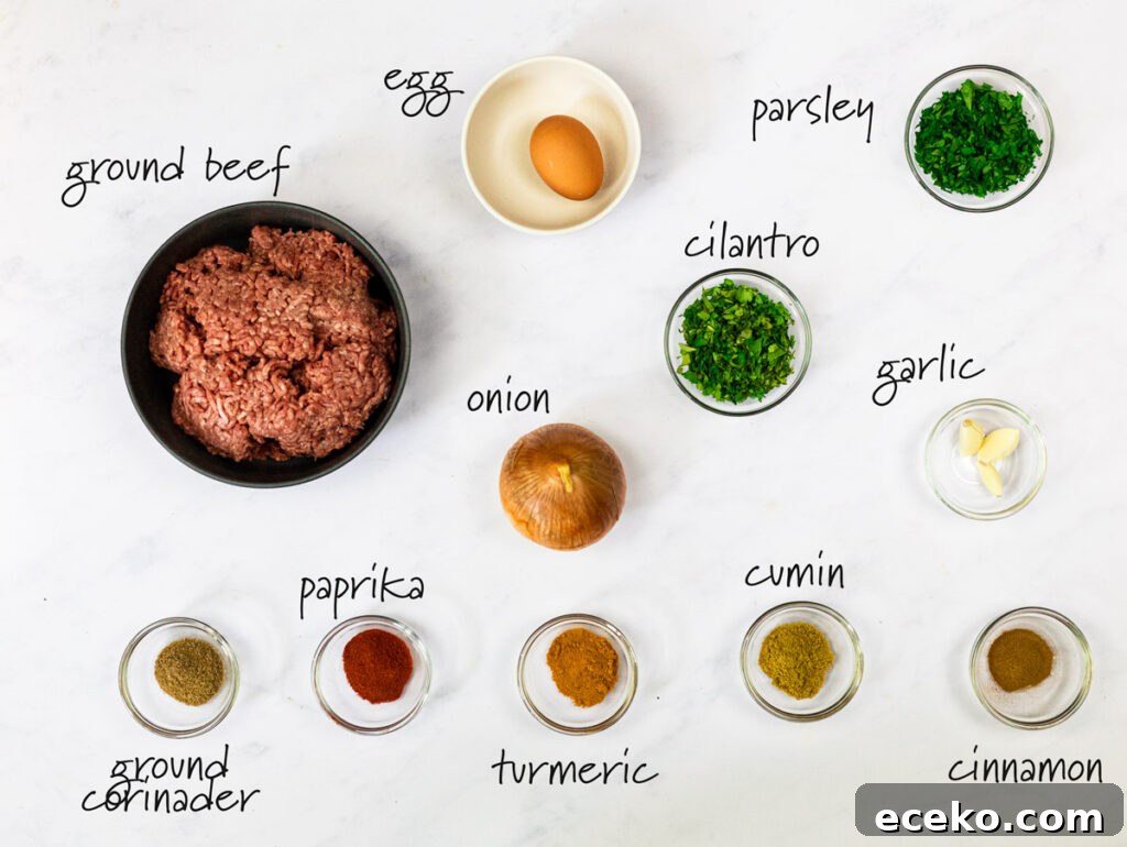 ingredients for beef kofta kebabs with text labels
