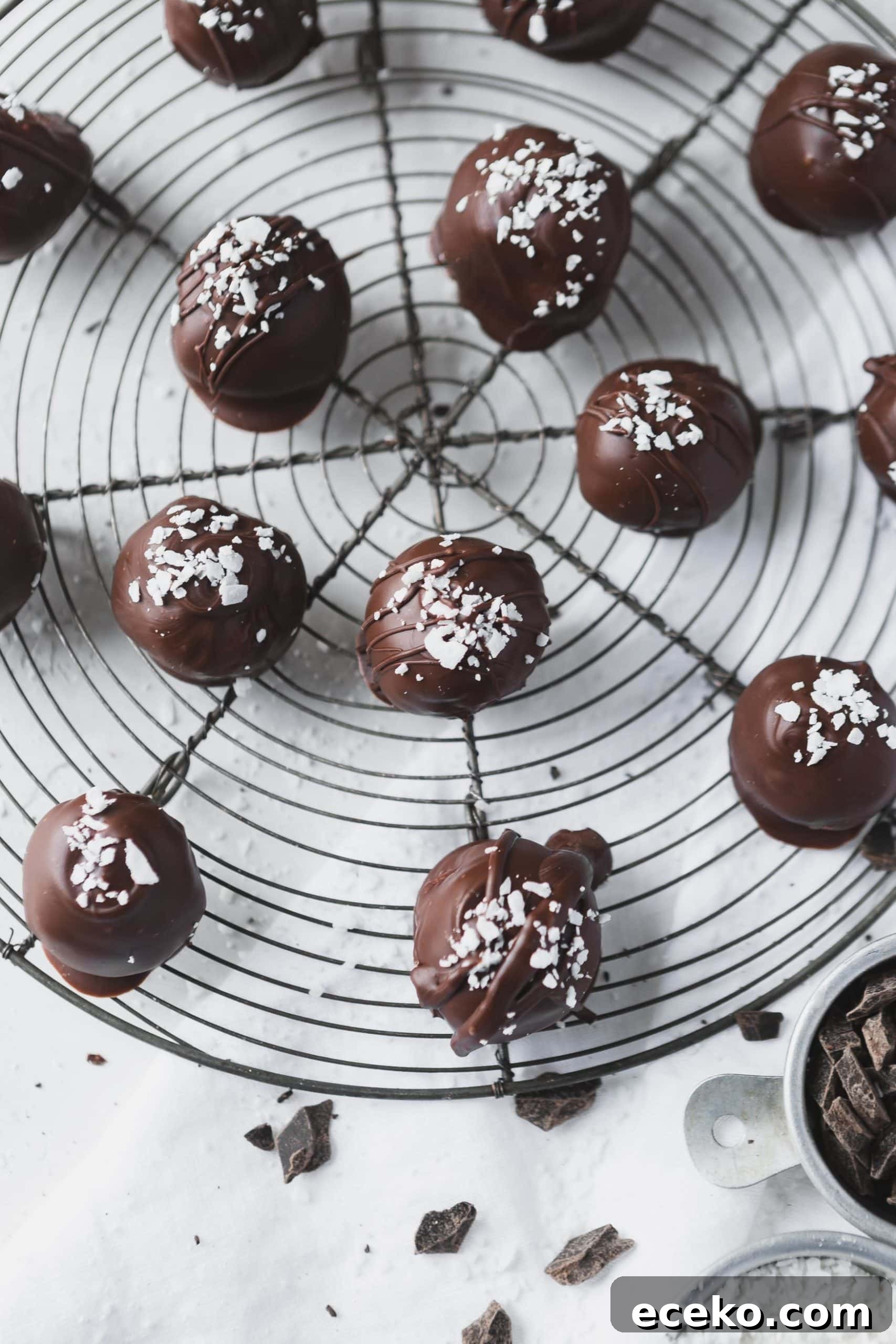 A round wire rack with chocolate covered coconut balls. There are a few coconut flakes sprinkled on top.