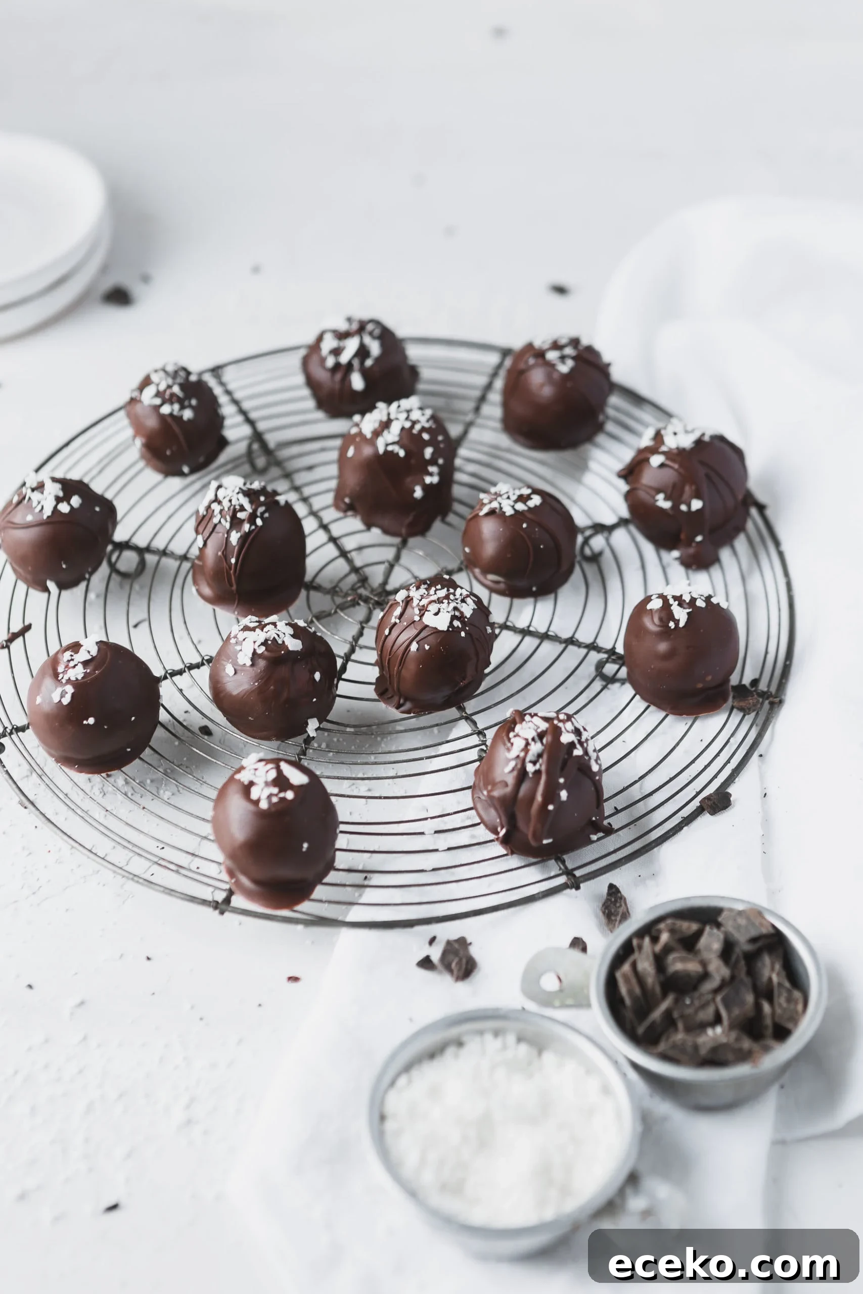 A wire rack with chocolate dipped coconut balls. A little sprinkle of coconut is sprinkled on top of each ball and a small dish of chocolate in next to the rack.