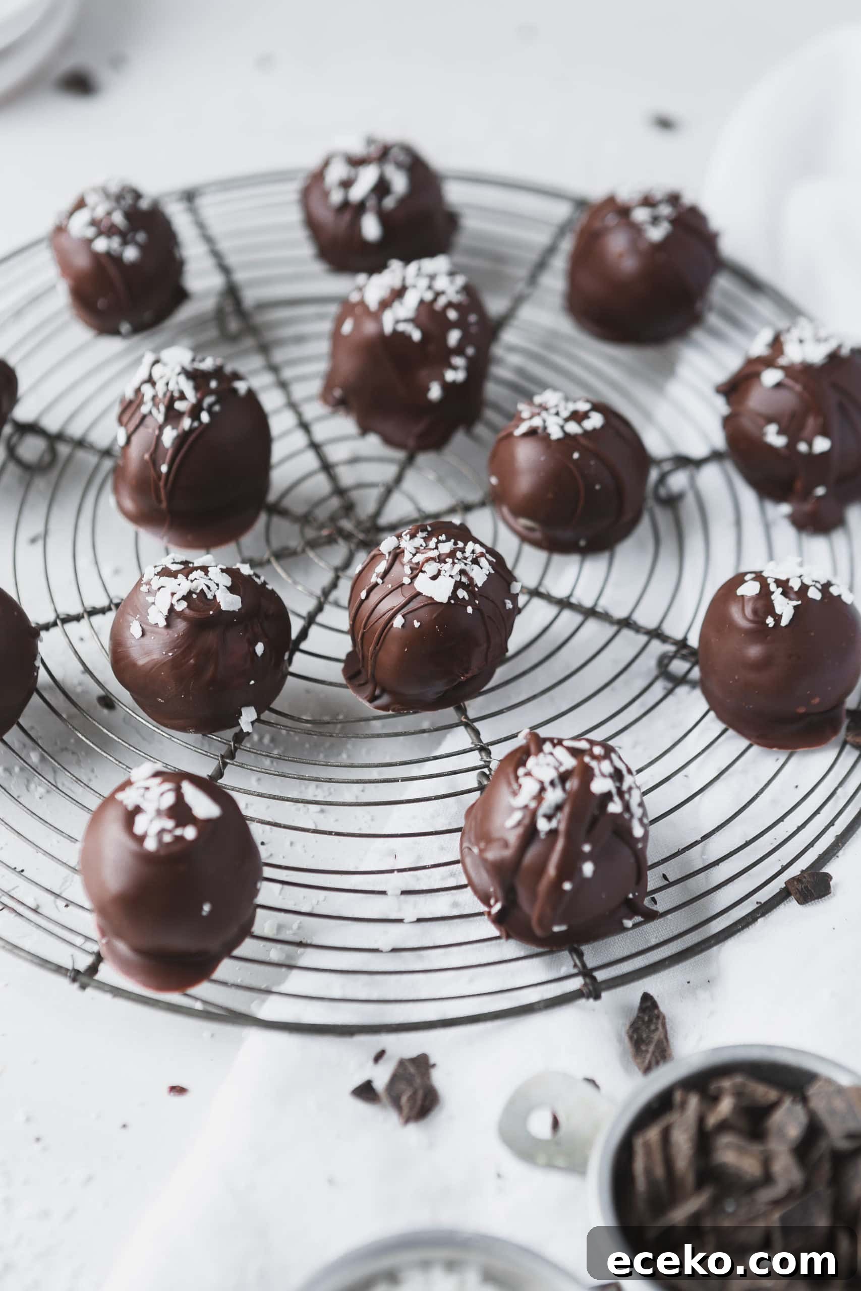 A round wire rack with chocolate dipped coconut balls. A few coconut flakes are sprinkled on top.